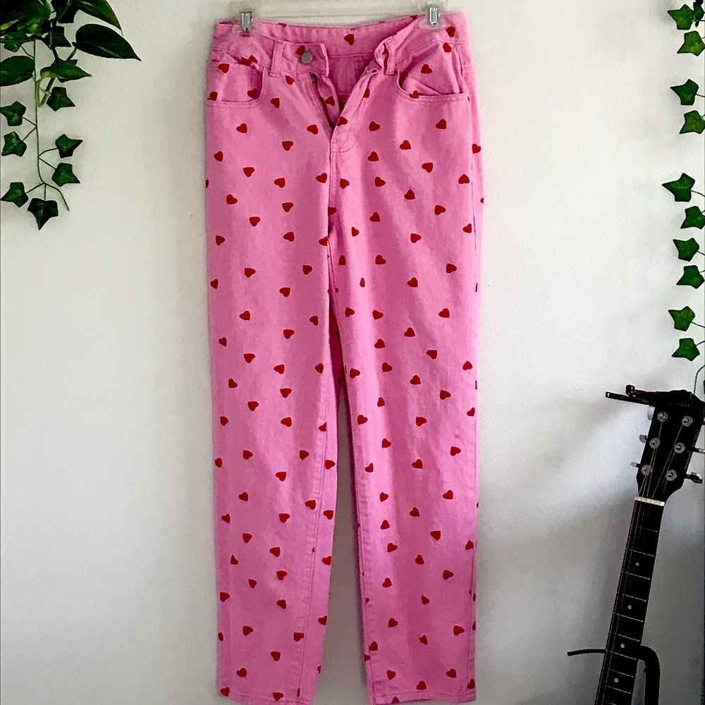 Pink pants with red hearts straight leg, small
